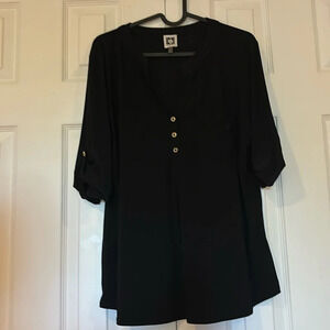 Anne Klein black military short sleeve blouse Sz L